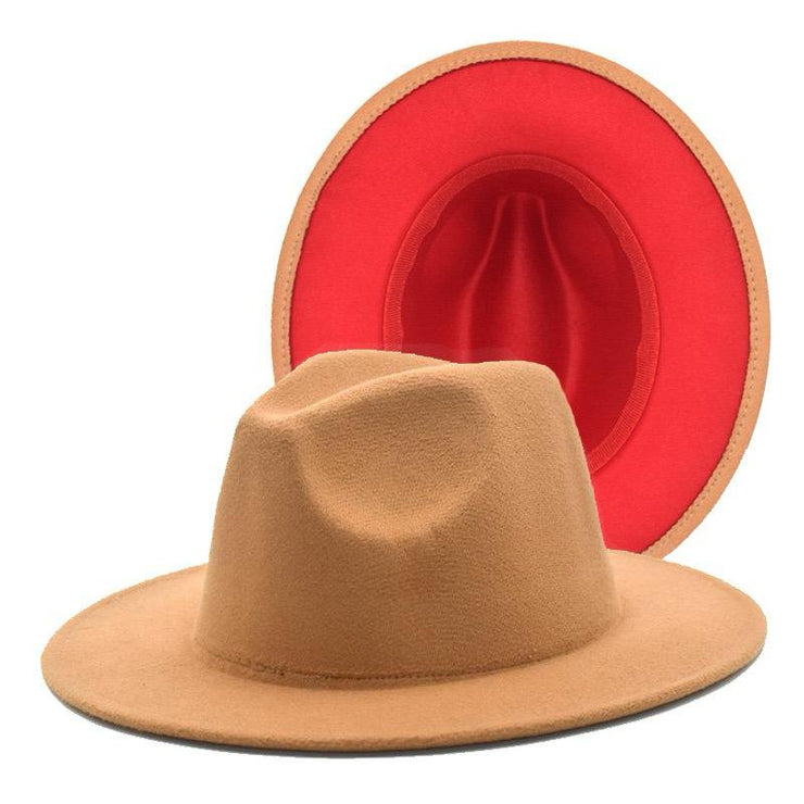 TAN FEDORA WITH RED BOTTOM